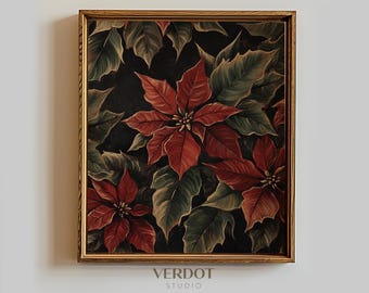 Red Poinsettia Christmas Painting, Printable Wall Art, Dark Winter Flower Print, Winter Floral Holiday Print, Christmas Decor | 24259