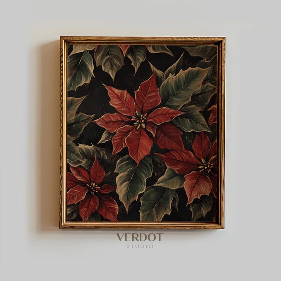 赤いポインセチアのクリスマス絵画、印刷可能な壁アート、暗い冬の花の