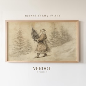 May include: A framed print depicting Santa Claus walking through a snowy forest, carrying a Christmas tree. The artwork has a vintage sepia tone. The text at the top says "INSTANT FRAME TV ART" and at the bottom "VERDOT STUDIO".