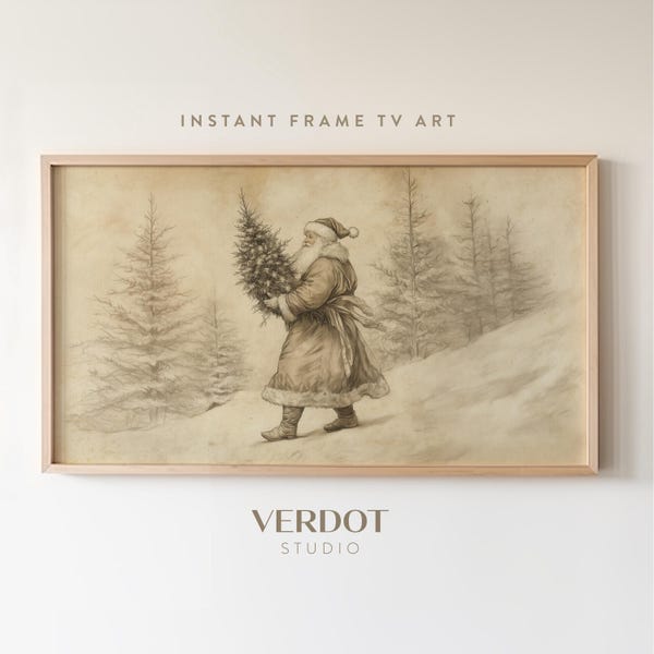 Santa Christmas Frame Tv Art, Vintage Santa Christmas Tree Neutral Holiday Download, Christmas Decor, Winter Landscape Drawing | TV24206
