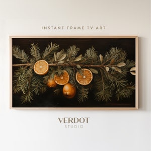 Botanical Christmas Frame Tv Art, Garland Citrus Lemon Evergreen Branch Vintage Christmas Samsung Frame Tv Art, Holiday Painting | TV2328