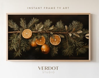 Botanical Christmas Frame Tv Art, Garland Citrus Lemon Evergreen Branch Vintage Christmas Samsung Frame Tv Art, Holiday Painting | TV2328