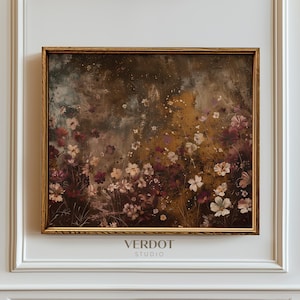 Stimmungsvolle Vintage Blumen Malerei, druckbare Wandkunst, dunkle rustikale Wildblumen Malerei, Burgund Blumen botanisches abstraktes Poster | 24107