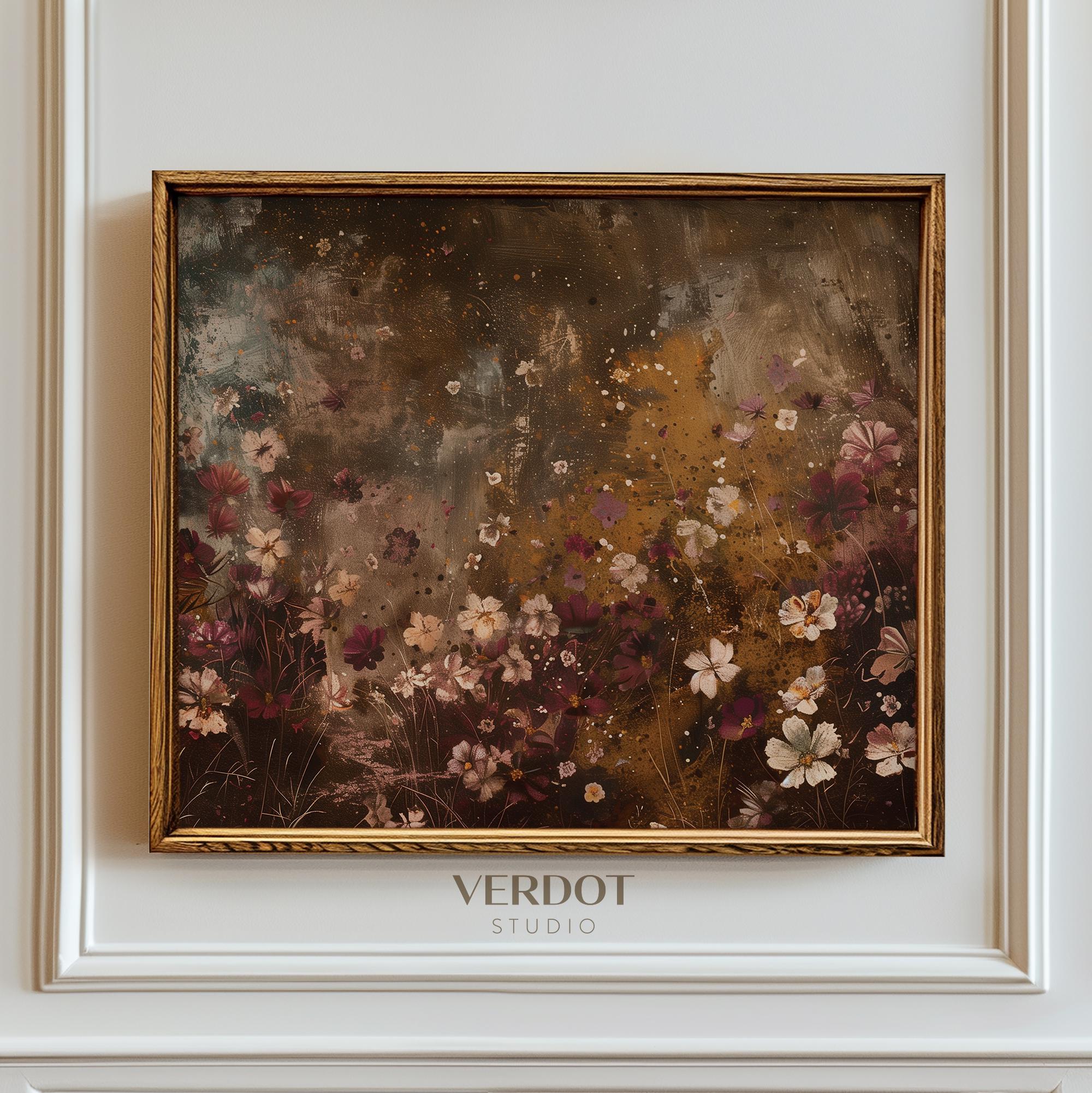 Moody Vintage Flowers Painting, Printable Wall Art, Dark Rustic Wildflowers Painting, Burgundy Floral Botanical Abstract Poster | 24107