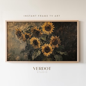 May include: A framed painting of a bouquet of sunflowers in shades of yellow and brown against a dark background.