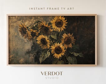 Vintage Sunflower Fall Frame TV Art, Rustic Autumn Flower Painting Tv Art, Dark Moody Floral Screensaver, Thanksgiving Fall Decor | TV24157