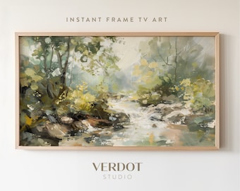 Spring Stream Landscape Painting Frame TV Art, Spring Forest River Scenery Screensaver, Easter Green Earthy Summer TV Decor | TV2434