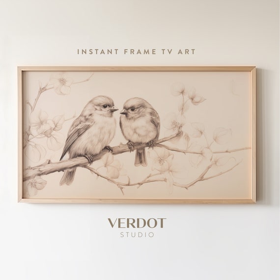 Valentines Day Frame TV Art, Vintage Love Birds Pencil Sketch Drawing, Neutral Valenitne's Day TV Art, Spring Home Decor | TV2411