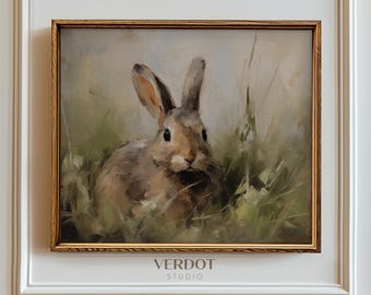 Vintage Easter Print, Bunny Printable Wall Art, Spring Oil Painting, Rustic Neutral Easter Decor, Rabbit Antique Poster | 2403
