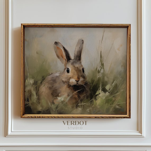 Vintage Easter Print, Bunny Printable Wall Art, Spring Oil Painting, Rustic Neutral Easter Decor, Rabbit Antique Poster | 2403