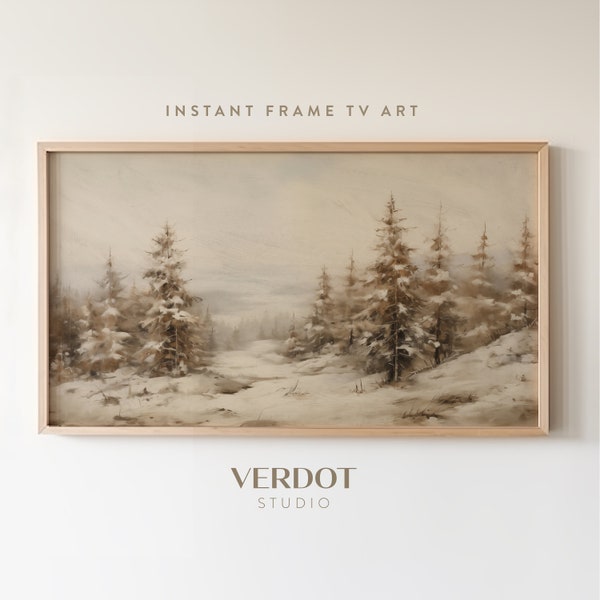 Vintage Winter Painting Frame Tv Art, Muted Brown Neutral Evergreen Forest Winter Trees Landscape, Christmas Decor Digital Download | TV2326