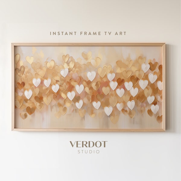 Valentines Day Frame TV Art, Gold and White Hearts Abstract Oil Painting, Neutral Valenitne's Day TV Art, Home Decor | TV2401