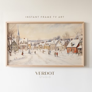 Arte de TV com moldura de Natal de Winter Village, pintura neutra de cidade pequena, download digital, decoração de Natal | TV2310