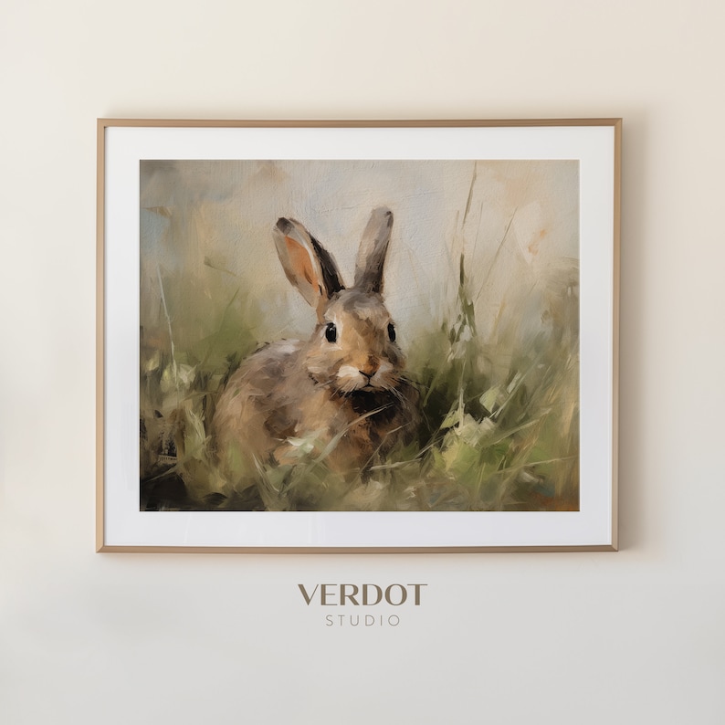 May include: A painting of a brown rabbit sitting in a field of green grass. The rabbit is looking directly at the viewer with its ears perked up.