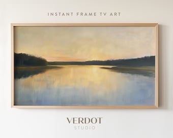 Arte de TV con marco de puesta de sol de verano, pintura de lago rural, descarga de TV de paisaje de North Cottage, salvapantallas de noche de verano, decoración de la casa del lago / TV2485