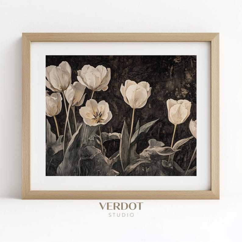 May include: A framed print of a vintage-style photograph featuring a bouquet of white tulips against a dark background. The tulips are arranged in a cluster, with their stems and leaves visible. The image has a soft, faded look, giving it a vintage feel.