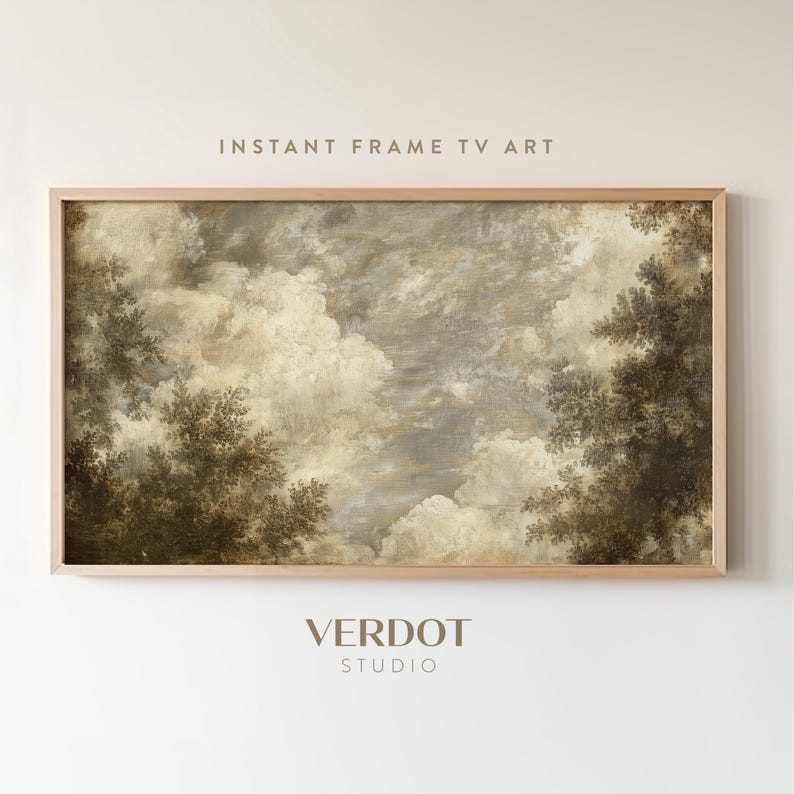 May include: A framed print of a vintage landscape painting featuring a cloudy sky with a muted brown and beige color palette. The painting is framed in a light wood frame.