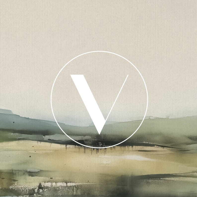 May include: A white letter V in a circle on a background of watercolor washes in shades of green, brown, and beige.