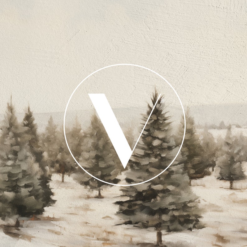 May include: A white letter V in a circle, with a snowy landscape of pine trees in the background.