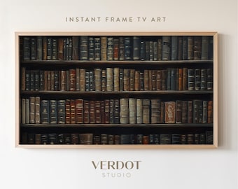May include: A digital painting of a bookshelf filled with antique books. The books are arranged in rows on the shelves, with the spines facing outward. The books are all different colors and sizes, and some have gold lettering on their spines. The bookshelf is dark brown and has a simple design.