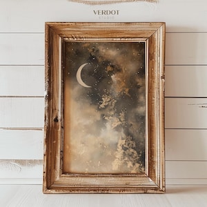 Moon Printable Wall Art, Halloween Decor, Dark Gold Night Sky Fantasy Abstract Painting, Fall Print, Celestial Dark Academia | SKU24152-2