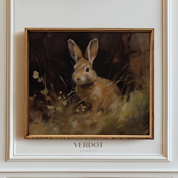 Easter Bunny Printable Wall Art, Vintage Easter Print, Spring Oil Painting, Dark Rustic Neutral Easter Decor, Rabbit Antique Poster | 2404