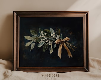 Vintage Mistelzweig Weihnachtsdruck, Weihnachtsdekor druckbare Wandkunst, dunkle Winterbotanische Malerei, launische antike Feiertagsdruck | 24237