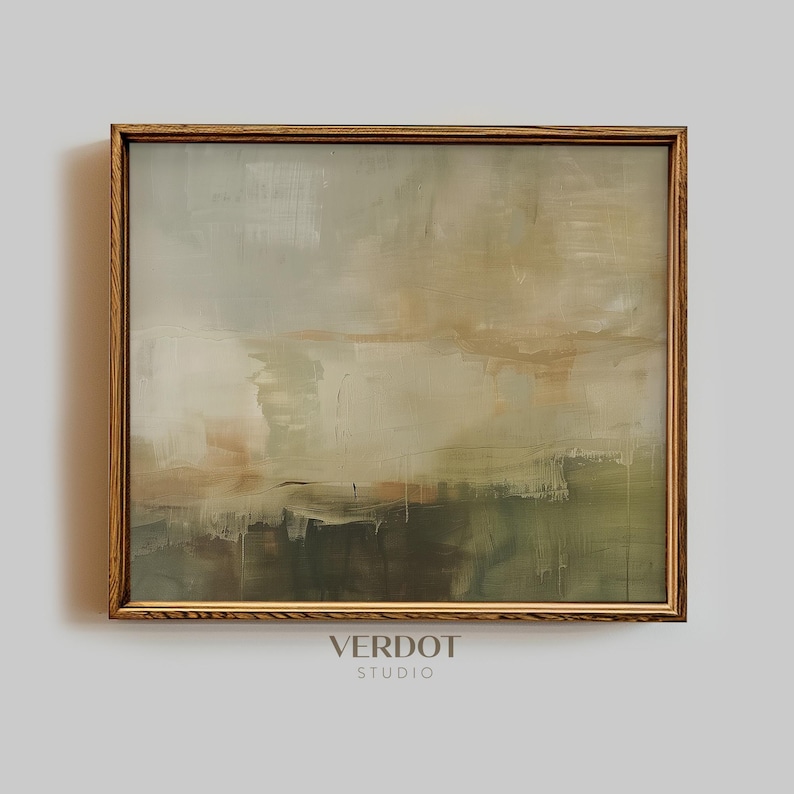 May include: Abstract painting in muted green, brown, and beige tones. The painting is framed in a simple, gold-toned frame. The artist's signature, "VERDOT STUDIO", is visible at the bottom of the painting.