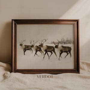 Impresión navideña de renos de Papá Noel, decoración navideña, arte de pared imprimible, pintura navideña de invierno neutral, póster de ciervos / 24250