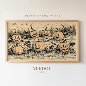 May include: A rectangular digital art print for a television screen featuring a black ink illustration on a beige background. The artwork depicts a patch of seven carved jack-o'-lantern pumpkins with smiling faces nestled in tall grass.