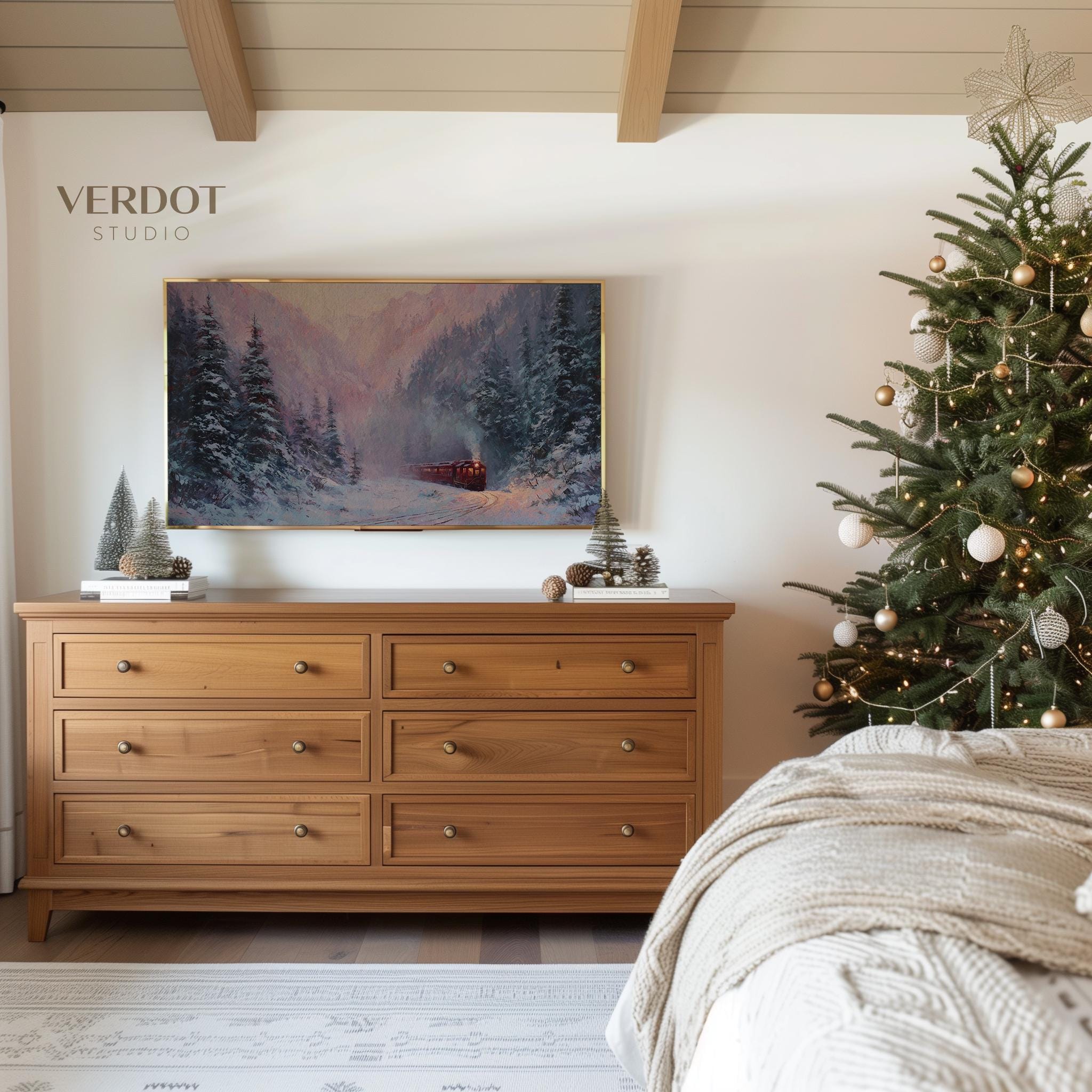 Winter Christmas Train Frame Tv Art: Pink Sunset Mountain Holiday