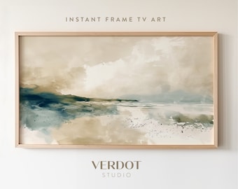 Abstract Beach Painting Frame TV Art, Coastal Modern Seascape Scenery Tv Download, Neutral Ocean Summer Screensaver | TV2446