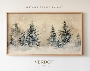 Winter Christmas Trees Frame Tv Art, Snowy Landscape Painting Tv Digital Download, Christmas Decor Evergreen Forest Winter Scenery | TV24203