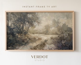 Neutral Vintage Landscape Painting Frame TV Art, Beige Abstract Dark Muted Summer Scenery Tv Download, Rustic Country Screensaver | TV2453