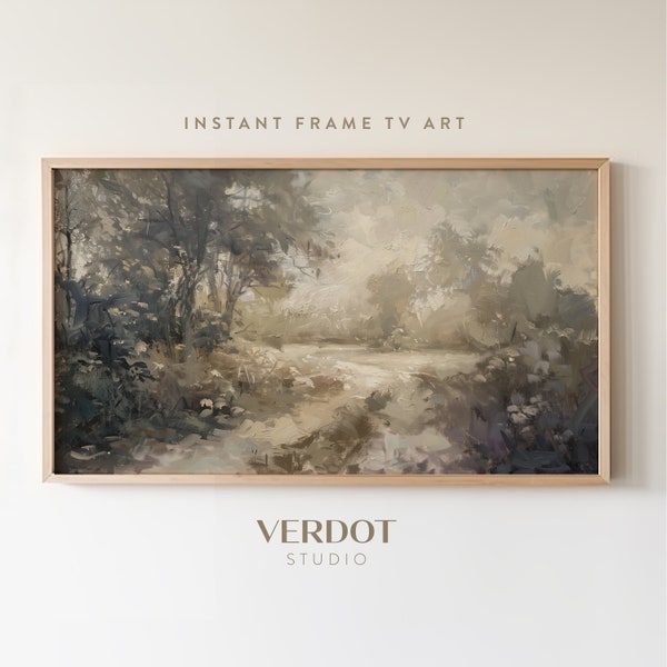 Neutral Vintage Landscape Painting Frame TV Art, Beige Abstract Dark Muted Summer Scenery Tv Download, Rustic Country Screensaver | TV2453