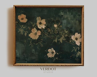 Stampa artistica da parete con pittura floreale, decorazione primaverile, stampa antica di fiori selvatici di pesca verde scuro, download vintage floreale organico terroso / 2476