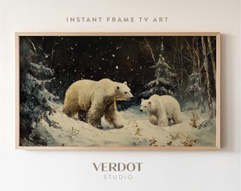 Polar Bear Christmas Frame Tv Art, Winter Decor, Vintage Dark Moody Landscape Holiday Painting, Antique Neutral Screensaver | TV24274