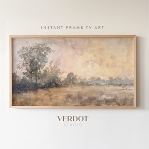 May include: A watercolor painting of a landscape with trees and a cloudy sky. The painting is framed in a light wood frame. The painting is titled "INSTANT FRAME TV ART" and is by "VERDOT STUDIO".