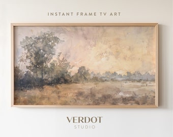 Summer Sunset Landscape Painting Frame TV Art, Vintage Style Spring Country Muted Scenery Screensaver, Easter Watercolour TV Decor | TV2443