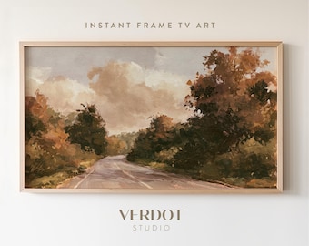 Vintage Fall Painting Frame TV Art, Autumn Country Road Landscape | TV26094