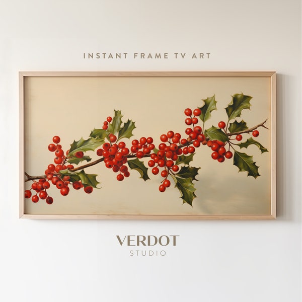 Vintage Holly Berry Christmas Frame Tv Art, Red Christmas Samsung Frame Tv Art, Red Holiday Painting Screensaver | TV2335