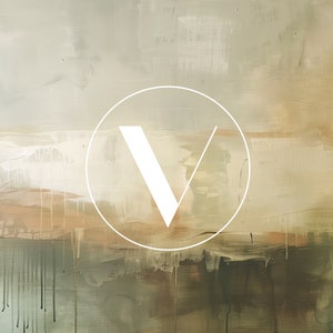 May include: Abstract painting with a white "V" in a circle on a background of beige, brown, and green paint.