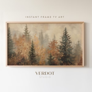 Può includere: Un dipinto incorniciato che rappresenta una scena di foresta nebbiosa con alti alberi sempreverdi. La tavolozza dei colori è tenue, con tonalità di marrone, verde e grigio. Il dipinto ha uno stile vintage.