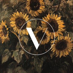 May include: A close-up of a painting of sunflowers with a white letter V in the center. The sunflowers are painted in shades of yellow, brown, and green.