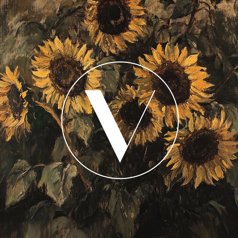 May include: A close-up of a painting of sunflowers with a white letter V in the center. The sunflowers are painted in shades of yellow, brown, and green.