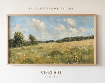 Country Summer Landscape Frame TV Art, Vintage Spring Scenery Landscape Screensaver, Blue Sky Colorful Wildflower Green TV Decor | TV2462