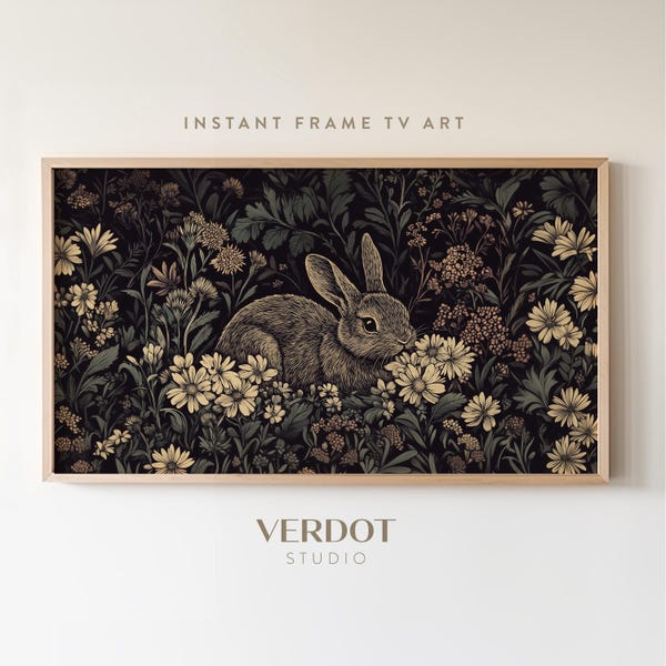 Vintage Easter Frame TV Art, Spring Easter Bunny Flowers Screensaver, Spring Decor, Antique Country Decorative Botanical Art  | TV25028