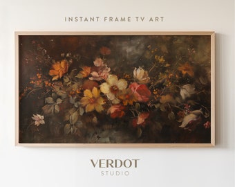 Fall Floral Frame TV Art, Dark Moody Flower Painting, Vintage Autumn Flowers, Rustic Fall Decor, Thanksgiving Tv Art | TV24133