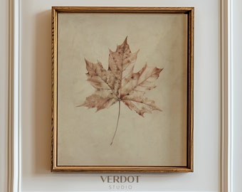 Vintage Fall Leaf Printable Wall Art, Neutral Rustic Autumn Print, Beige Halloween Decor, Beige Fall Print, Maple Leaf Drawing | 24130