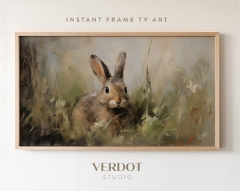 Vintage Easter Bunny Frame Tv Art, Neutral Spring Rabbit Painting Tv Digital Download, Moody Easter Decor | TV2321